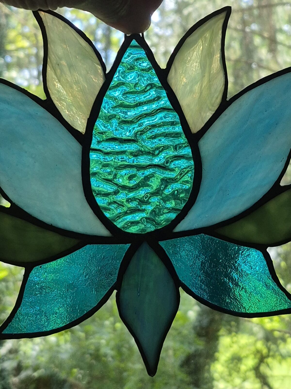 Stained Glass Lotus Flower – Blue Green Jewel Center