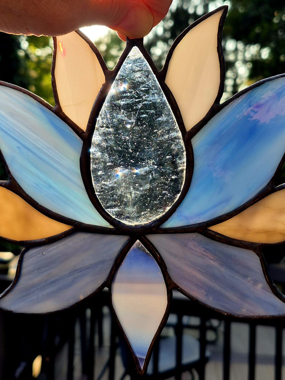 Stained Glass Lotus Flower – Ice Blue Jewel Center